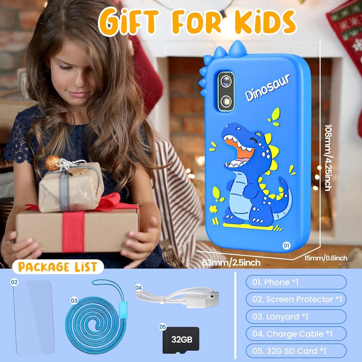 Kids Phone with Camera for Boys with Touchscreen, 32G Card Birthday Gifts for Kids Dual Camera, Music Player (Blue Dinosaur) - silverfoxgoods